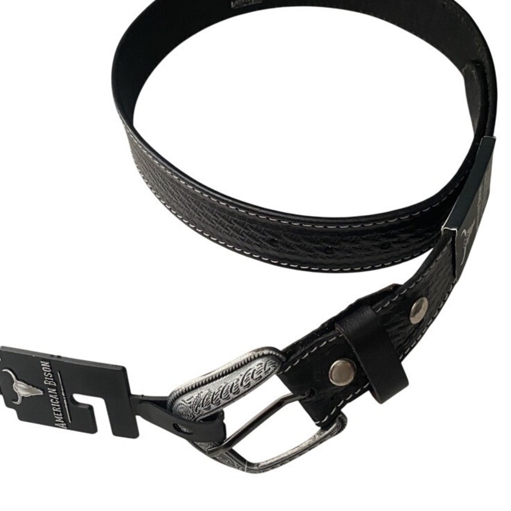 NWT American Bison Blk Leather Western Belt Basket Weave Engraved Buckle M 34-36